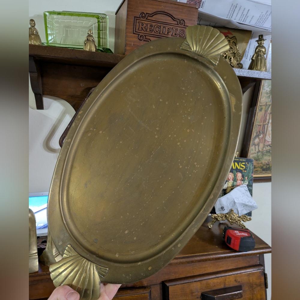 Stunning Vintage Art Deco Oval Brass Serving Tray with Shell Handles Mid Century